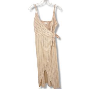 Urban Outfitter Natural Linen Dress Midi Wrap Pinstripes Spaghetti Straps L